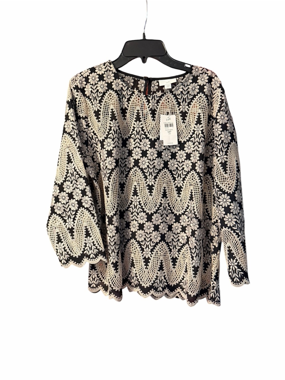 J. Jill Black Blouse with Cream Floral Lace Overlay